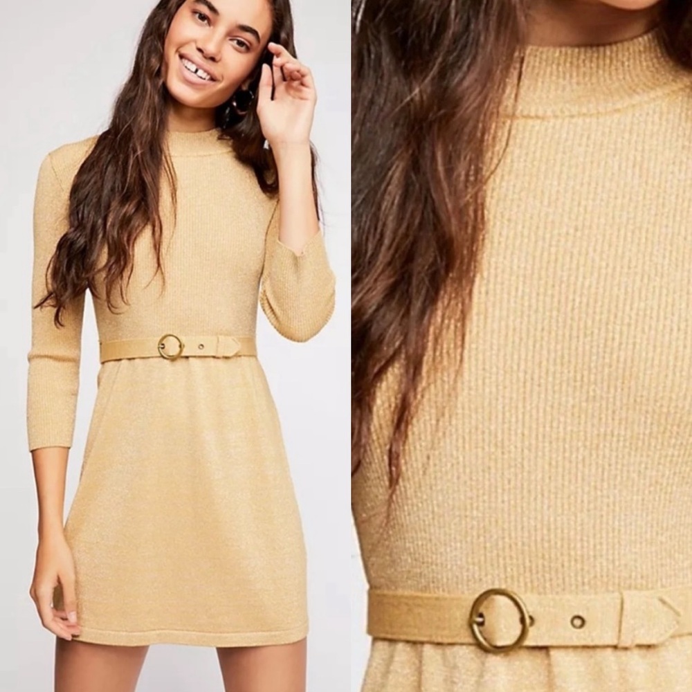 Free People Dress Womens Small French Girl Gold Metallic Belted Bodycon Party